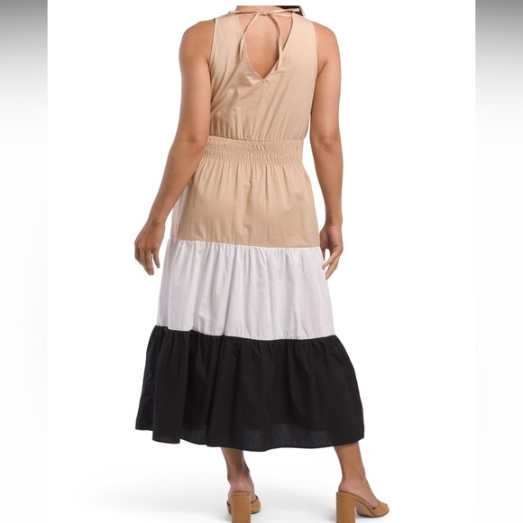 1. State Sleeveless Color BlockTiered Cotton Midi Dress XL Tan Black White - Picture 2 of 9